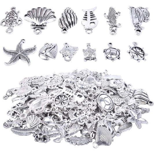 100pcs Mixed Antique Silver DIY Ocean Fish & Sea Creatures Charms Pendants for Making Bracelet and Necklace
