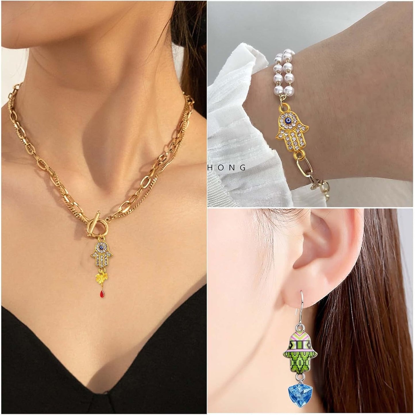 30pcs Mixed Alloy Rhinestone Hamsa Hand of Fatima Charms Colorful Evil Eye Hamsa Hand Frame Pedants Connectors for DIY Art Craft Jewelry Making Christmas Gifts, 2 Styles