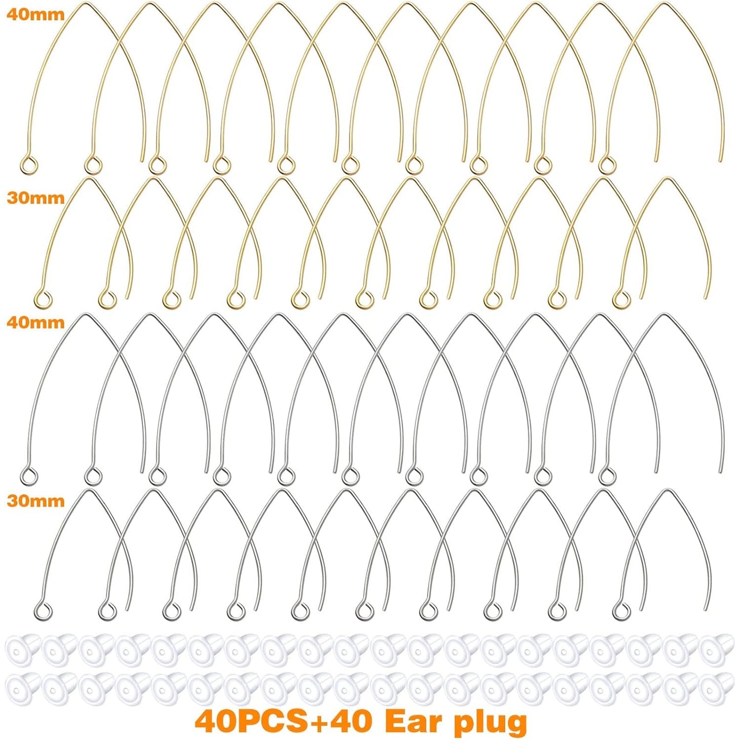 40pcs Stainless Steel V-shape Earring Hooks & 40pcs Clear Silicone Bullet Earring Backs, DIY Jewelry Making Kit, 2 Colors (Golden, Steel), 2 Sizes