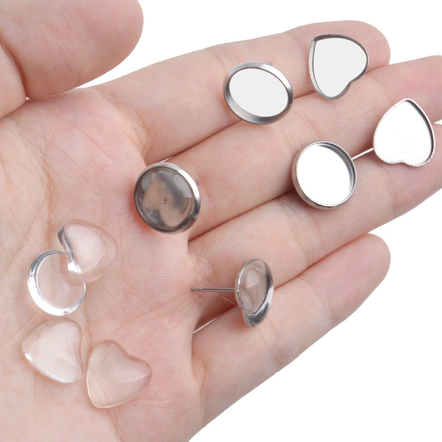 60pcs Stainless Steel Earring Bezels Stud Earring Cabochon Post Cups with 60pcs Clear Glass Cabochon and 60pcs Butterfly Earring Backs