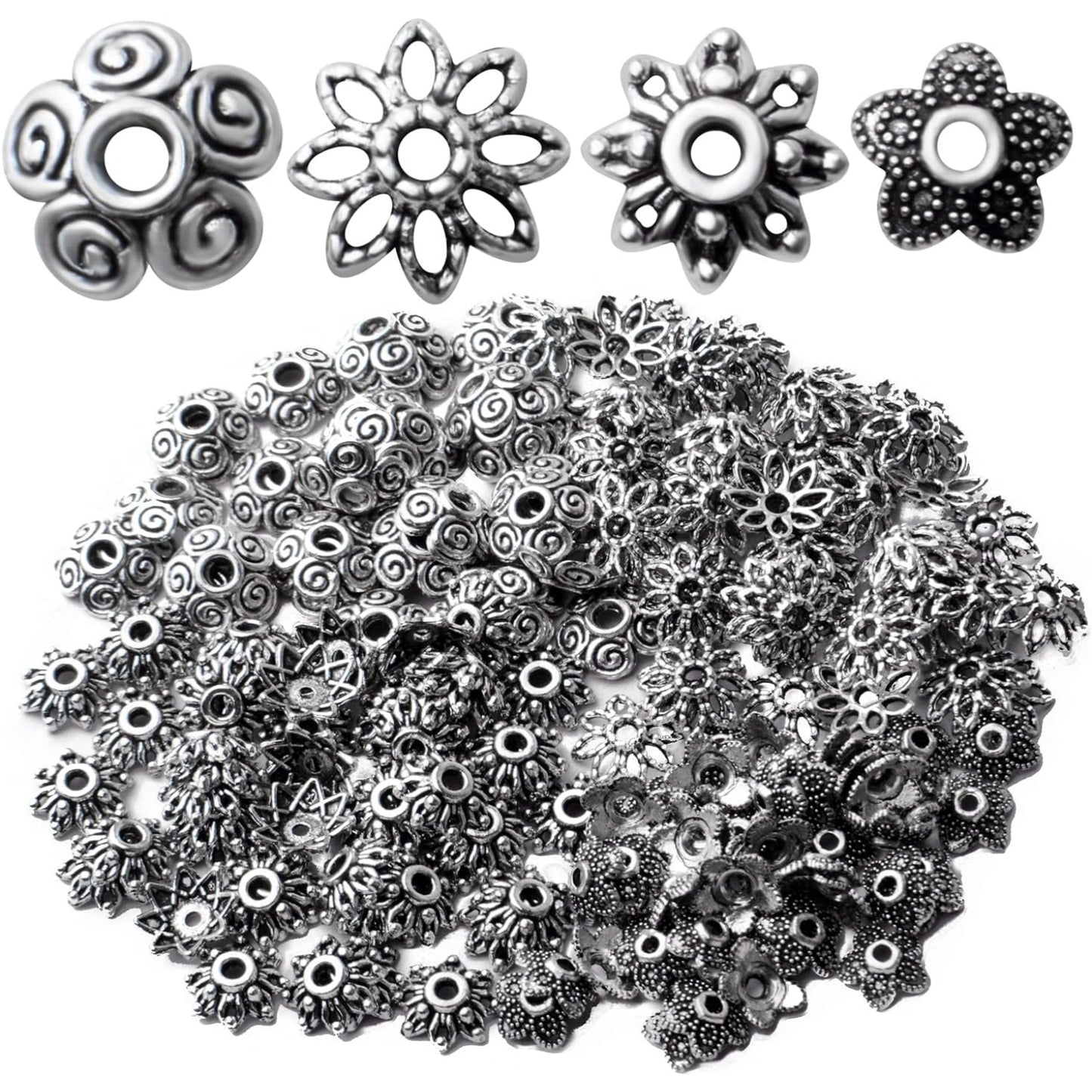 200pcs Spacer Beads Caps,Antique Silver Flower Bead Caps Tibetan Alloy Flower Caps Bead End Caps Loose Beads for DIY Earrings Bracelet Necklace Jewelry Making and Crafting,4 Styles