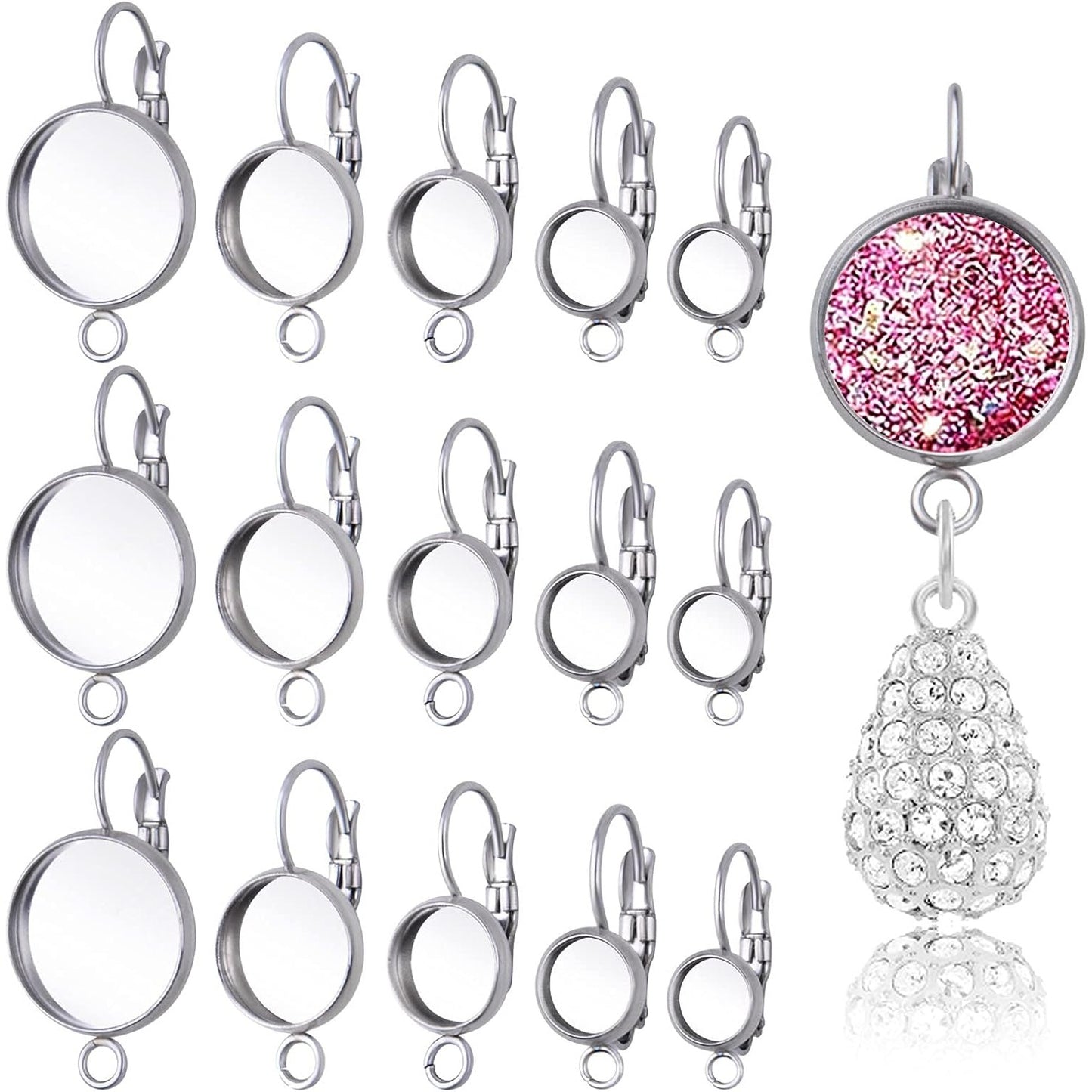 40pcs Leverback French Earring Hooks Stainless Steel Earring Blank Round Bezel Trays Earring Hoops with Loop for Women Men DIY Jewelry Making Supplies, 5 Sizes
