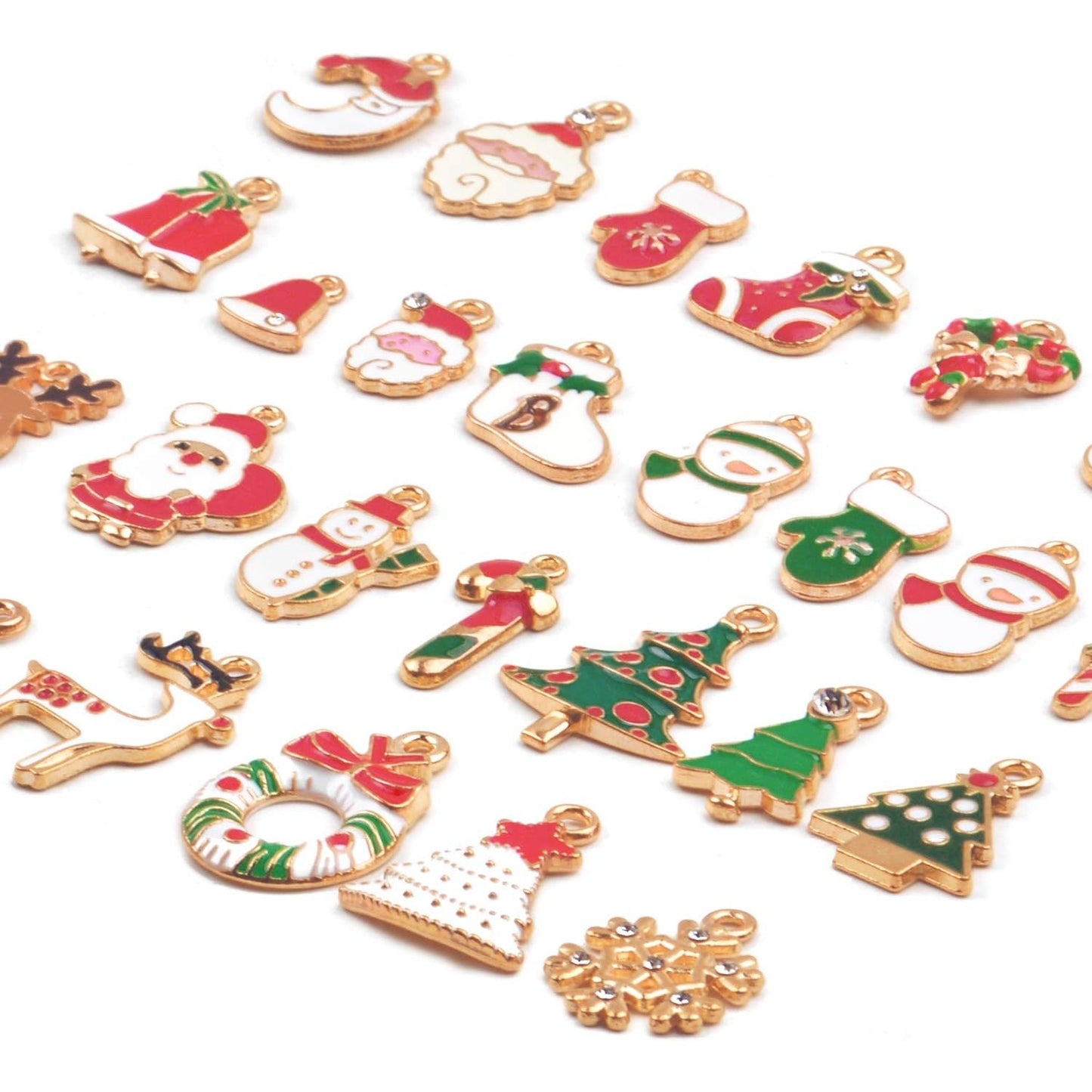 Christmas Charms Collection, 30 Pieces Gold Plated Enamel Christmas Tree Santa Claus Snowflake Socks Charm Metal Pendant for DIY Jewelry Making Necklace Bracelet Earring