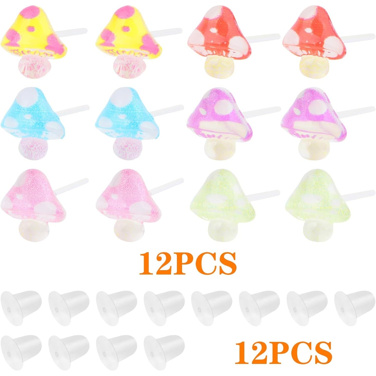 6 Pairs Plastic Mushroom Earring Posts Cute Mushroom-Shaped Earring Pin Studs with Clear Bullet Earring Backs for Women Sensitive Ears Work Home Replacements, 6 Colors