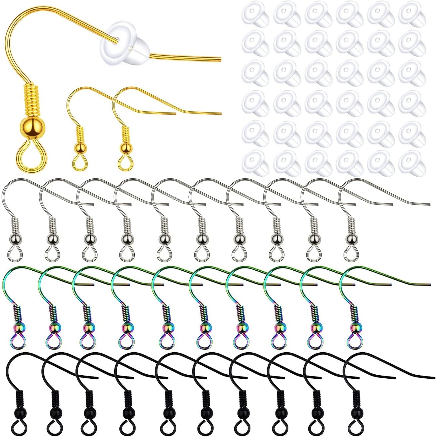 40pcs Stainless Steel Earring Hooks Hypo-allergenic Ear Wires Fish Hooks Earring Findings with 40pcs Clear Bullet Earring Backs Stoppers for DIY Jewelry Making, 4 Colors
