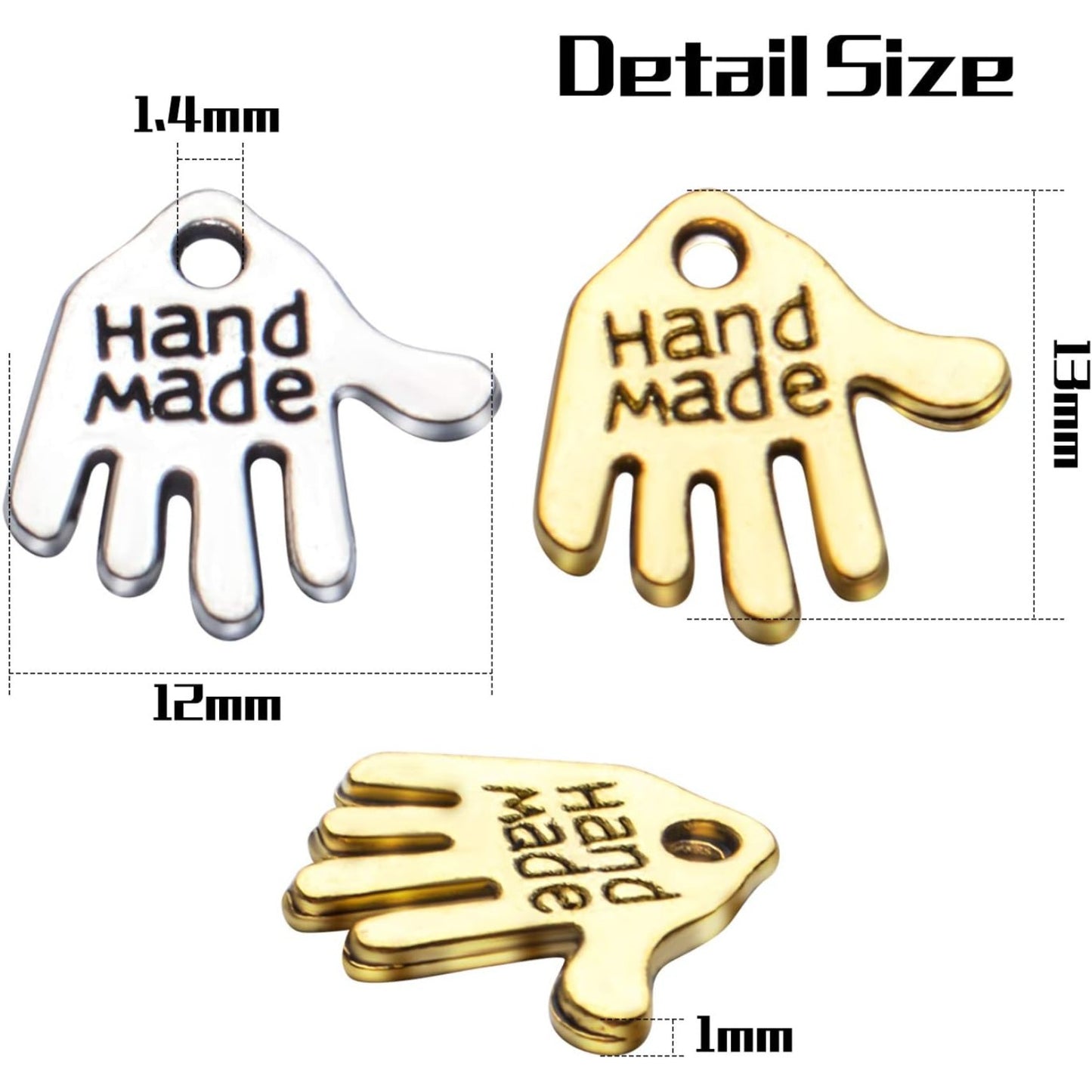 Hand Shaped Charms, 100pcs Tibetan Hand Shaped Charms Hand Made Tag Signs Pendants Carved Tone for Fashionable Jewelry Making Charms Crafting Sewing, Antique Golden, Antique Silver