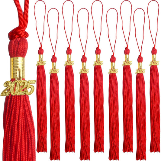 10pcs Graduation Tassels Red Handmade Tassel Grad Cap Decorations with 10pcs Golden 2025 Year Date Charms for 2025 Graduates Graduation Hats Ceremonies Parties Celebrations