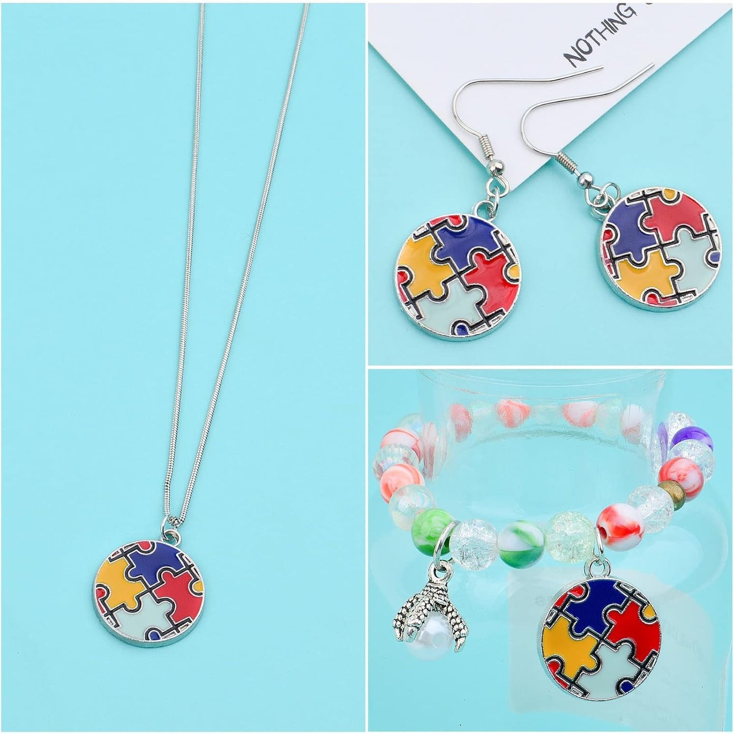 20pcs Autism Charms Pendants Ribbon Heart Round Square Cross with Puzzle Shape Charms Enamel Colorful Enamel Autistic Awareness Pendants for DIY Necklace Bracelet Earrings Jewelry Making Supplies