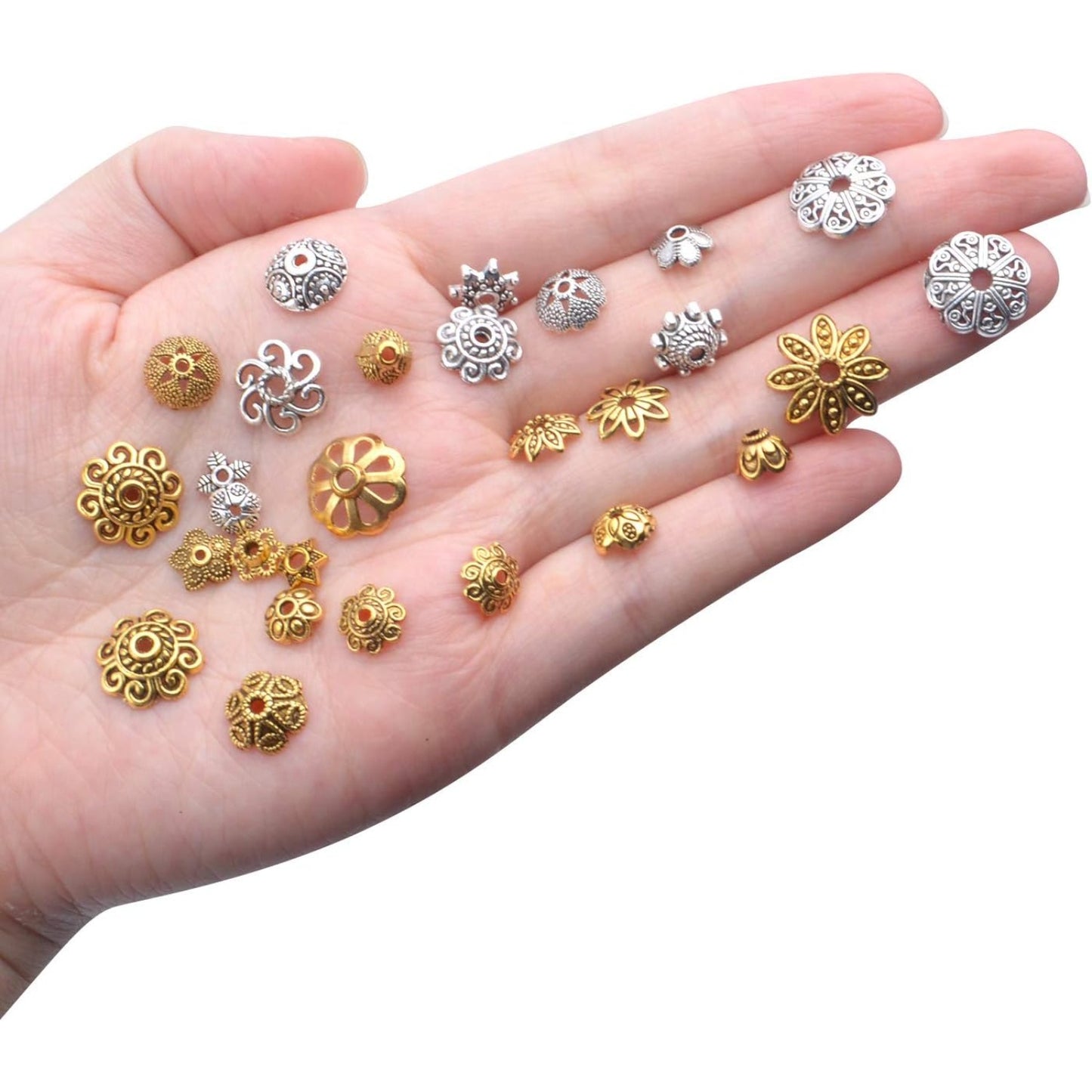 100g (200-350pcs) Mixed Metal Flower Bead Caps Spacer Beads Bali Style Jewelry Findings for DIY Crafting Jewelry Making, Antique Gold and Antique Silver