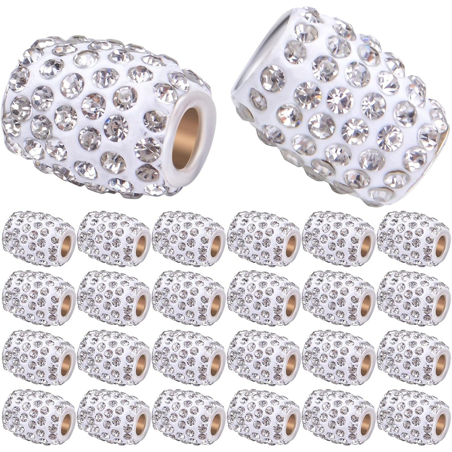 30pcs Rhinestone Barrel Beads Polymer Clay Crystal European Beads Loose Charm Beads with 5.2 mm Large Hole for DIY Snake Chains Bracelet Jewelry Making Accessories, White