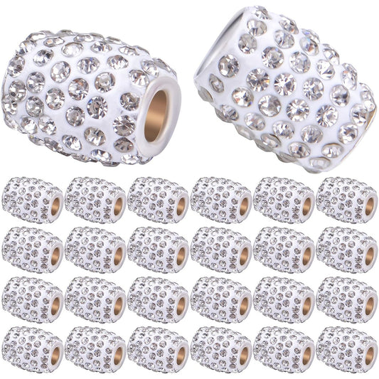 30pcs Rhinestone Barrel Beads Polymer Clay Crystal European Beads Loose Charm Beads with 5.2 mm Large Hole for DIY Snake Chains Bracelet Jewelry Making Accessories, White