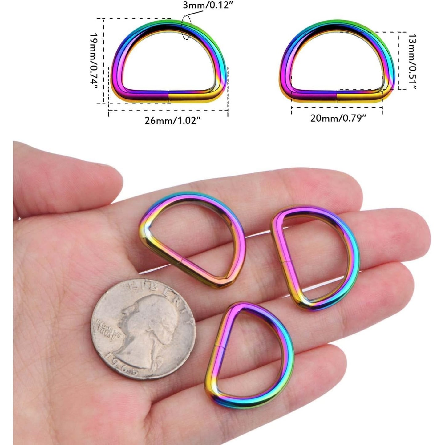 20pcs Metal Semi-Circular D Rings Multipurpose Half Round D-Shaped Rings Buckle DIY Accessories for Hardware Luggage Bags Backpack Belt Clothing Projects, Rainbow Color