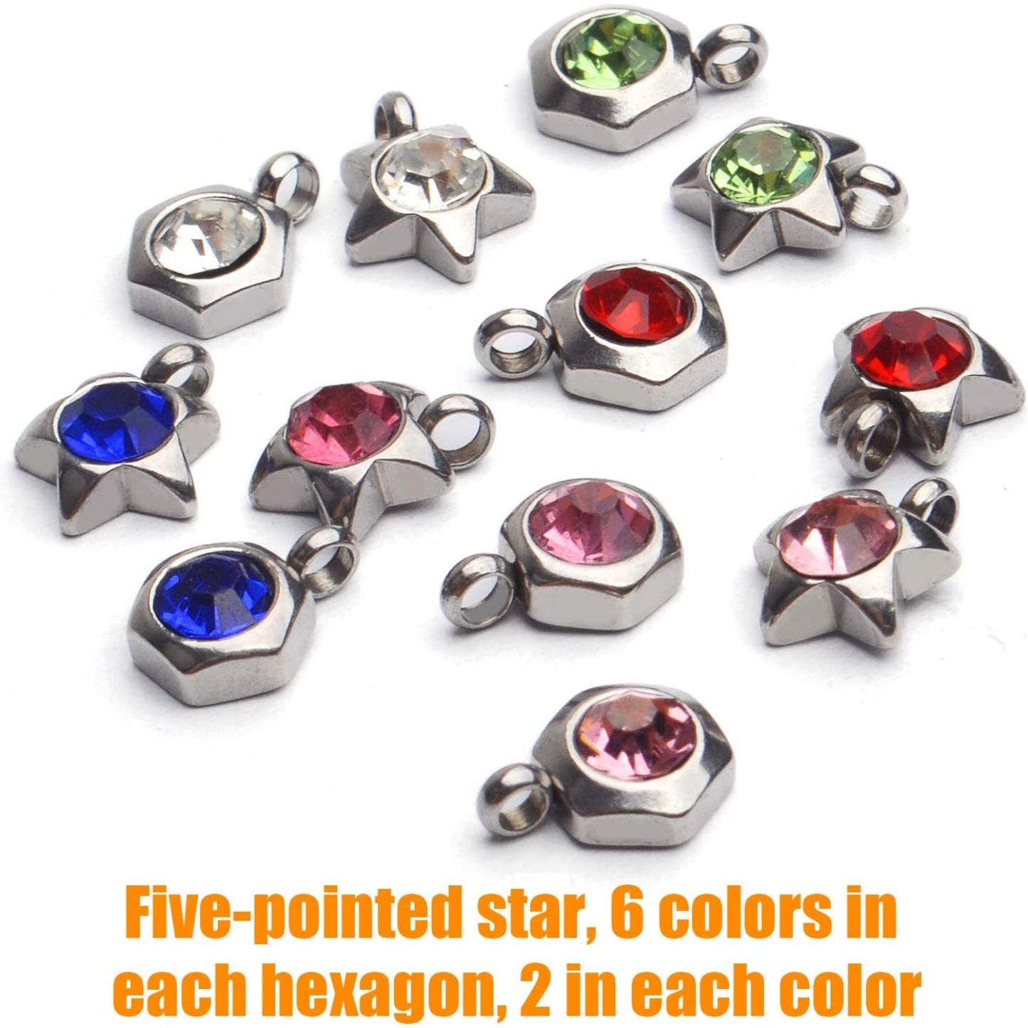 24pcs Jewelry Crystal Charms Rhinestone Star Hexagon Charm Pendants DIY Beads Pendants with Rings for DIY Jewelry Necklace Bracelet Earring Making Supplies,6 Colors