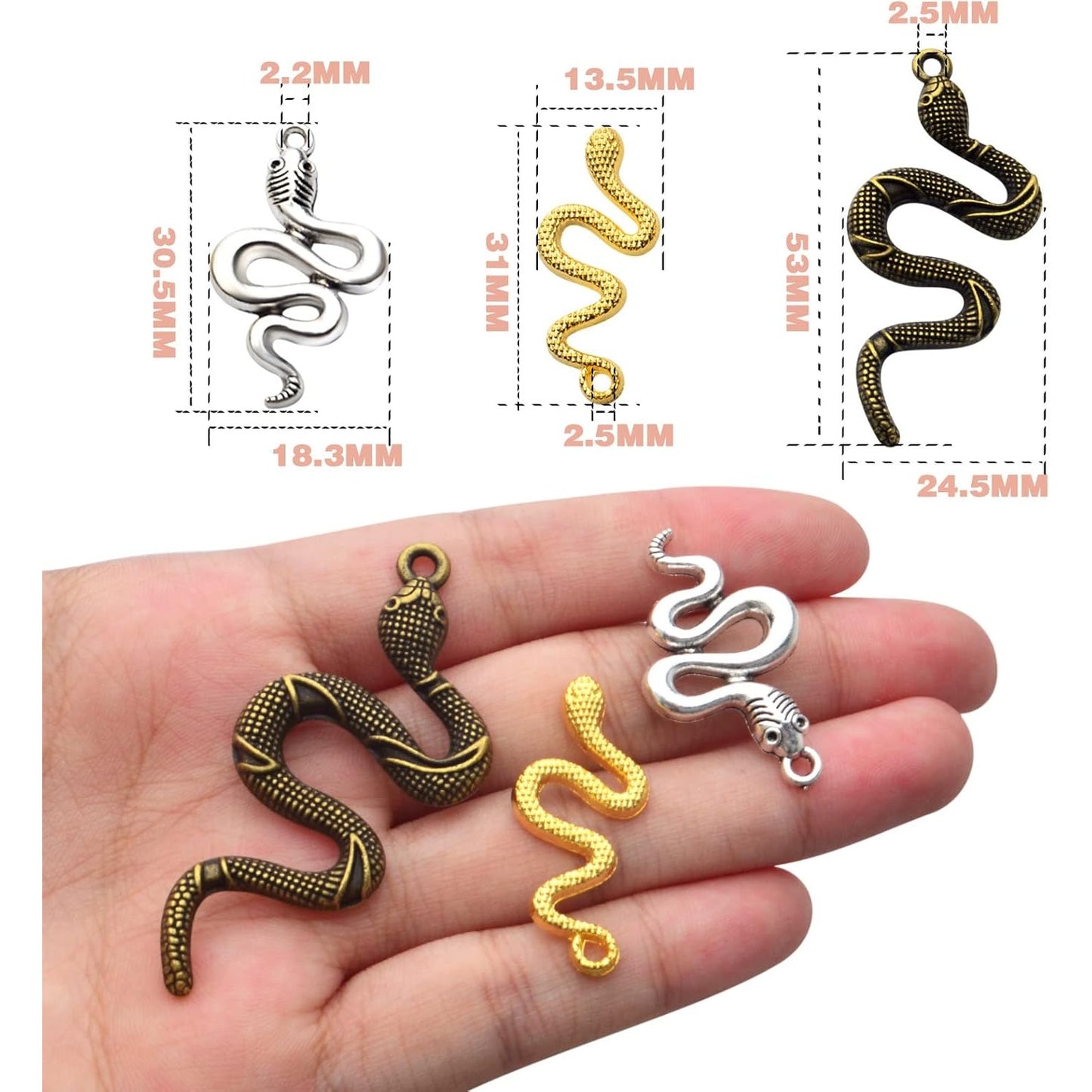 30pcs 5 Colors Snake Charms Pendants Alloy Mixed Styles Snake Serpent Charms Craft Supplies for Halloween DIY Bracelets Necklaces Earrings Jewelry Making