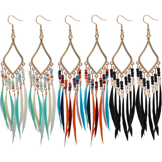 3 Pairs of Bohemian Earrings Set with Feather Tassel, Retro Boho Multicolor Long Fringe Tassels Feather Beaded Dangle Earring Hooks Jewelry for Women