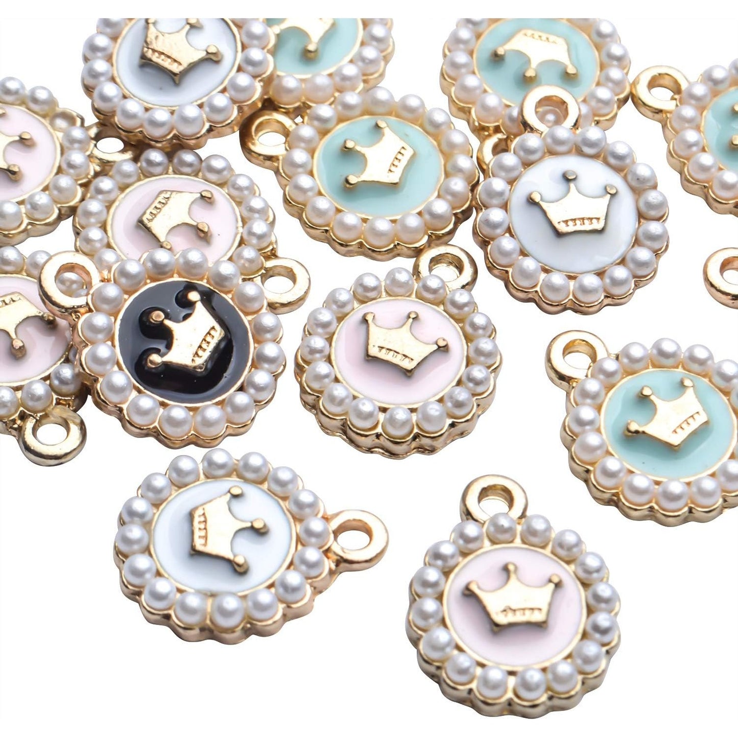 Enamel Pearl Crown Charms, 20pcs Enamel Pearl Round Alloy Colorful Crown Charms Pendants for DIY Necklaces Bracelets Jewelry Making Craft Supplies, Black, Pink, White, Green, 13x16mm