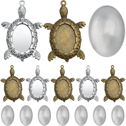 10pcs 2 Colors Antique Turtle Bezel Pendant Settings Blank Turtle Pendant Trays with 10pcs Clear Oval Glass Cabochons Bases for DIY Art Crafts Photo Cameo Resin Jewelry Making