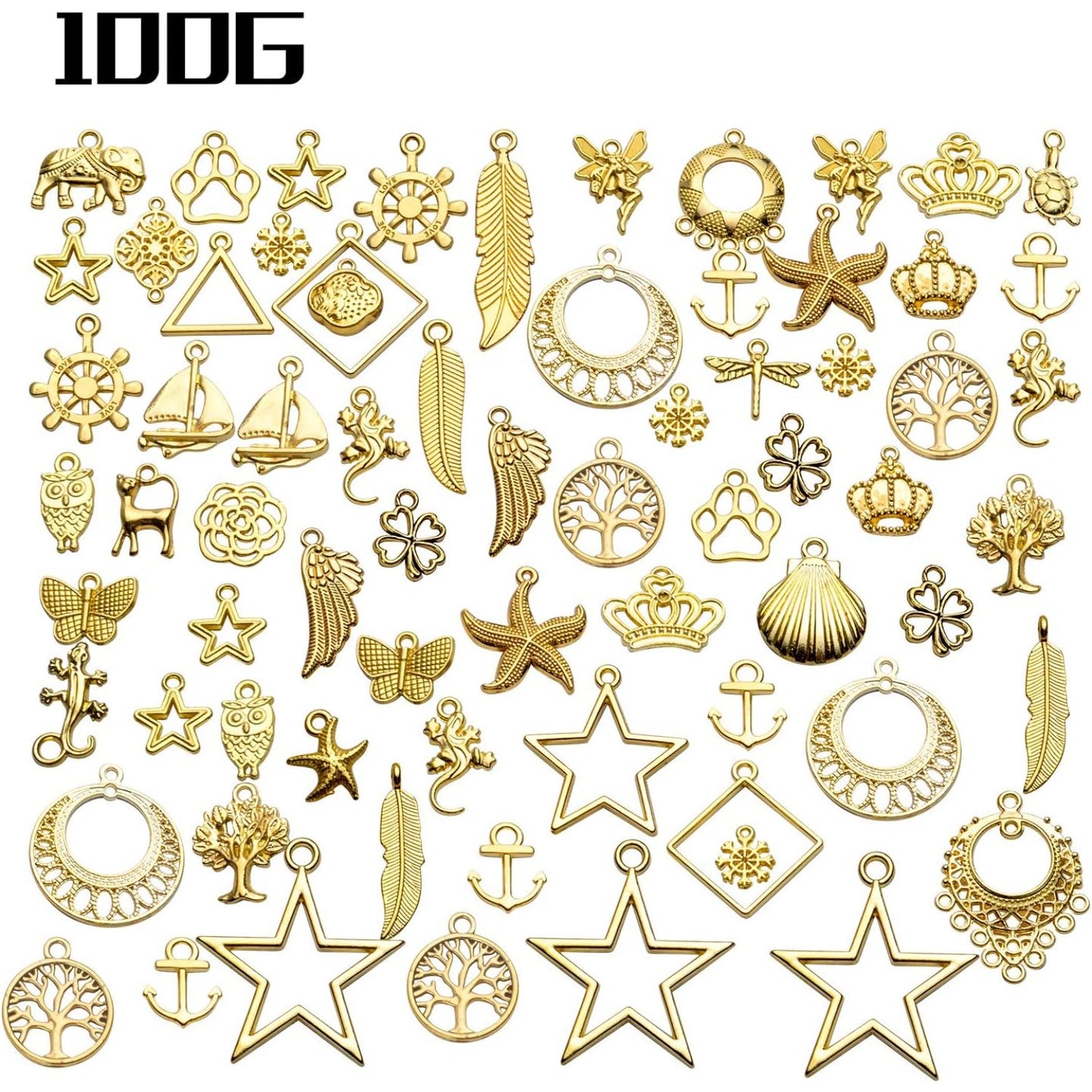 Mixed Theme Pendant Charms, 100 Gram Wholesale Bulk Charms Mixed Alloy Pendants Celestial Flower Tree Animal Charms Jewellery Accessory for Necklace Bracelet Earrings DIY Crafting, Golden