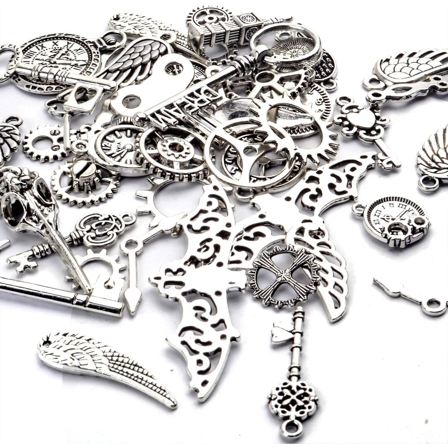 52pcs Tibetan Silver Charms Vintage Clock Gear Wing Key Pendants Jewelry Making Accessories for DIY Crafting Jewellery Making