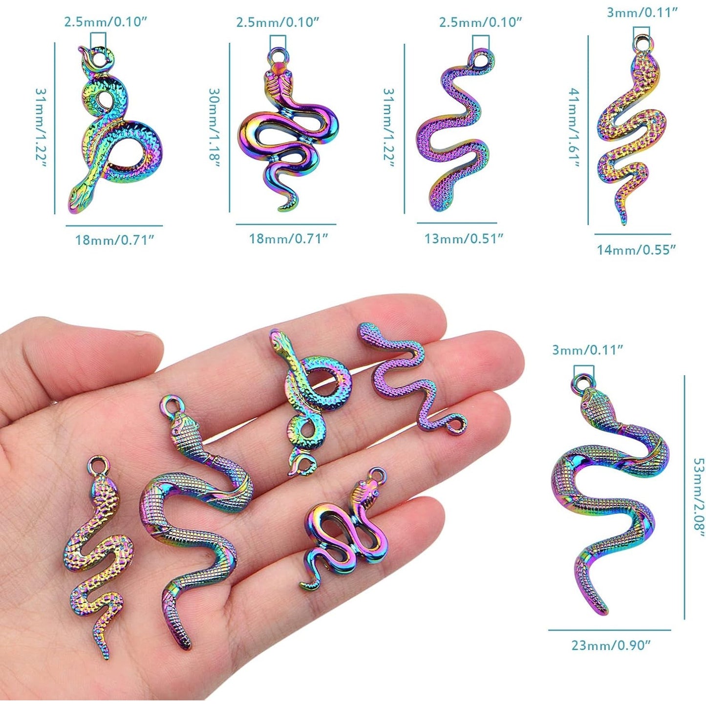 10 Pieces 5 Styles Snake Pattern Pendant Charms Alloy Animal Serpent Shape Dangle Pendants Craft Supplies for DIY Necklace Bracelet Jewelry Making, Rainbow Color