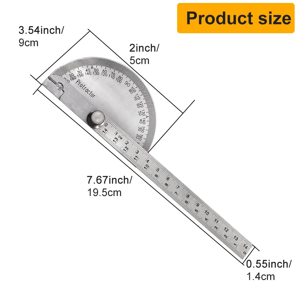 Aylifu Stainless Steel Protractor 0-180 Degrees, Woodworking Ruler Angle Finder, Metal Adjustable General Angle Measuring Tool(Size:0-180 Degrees), as picture show
