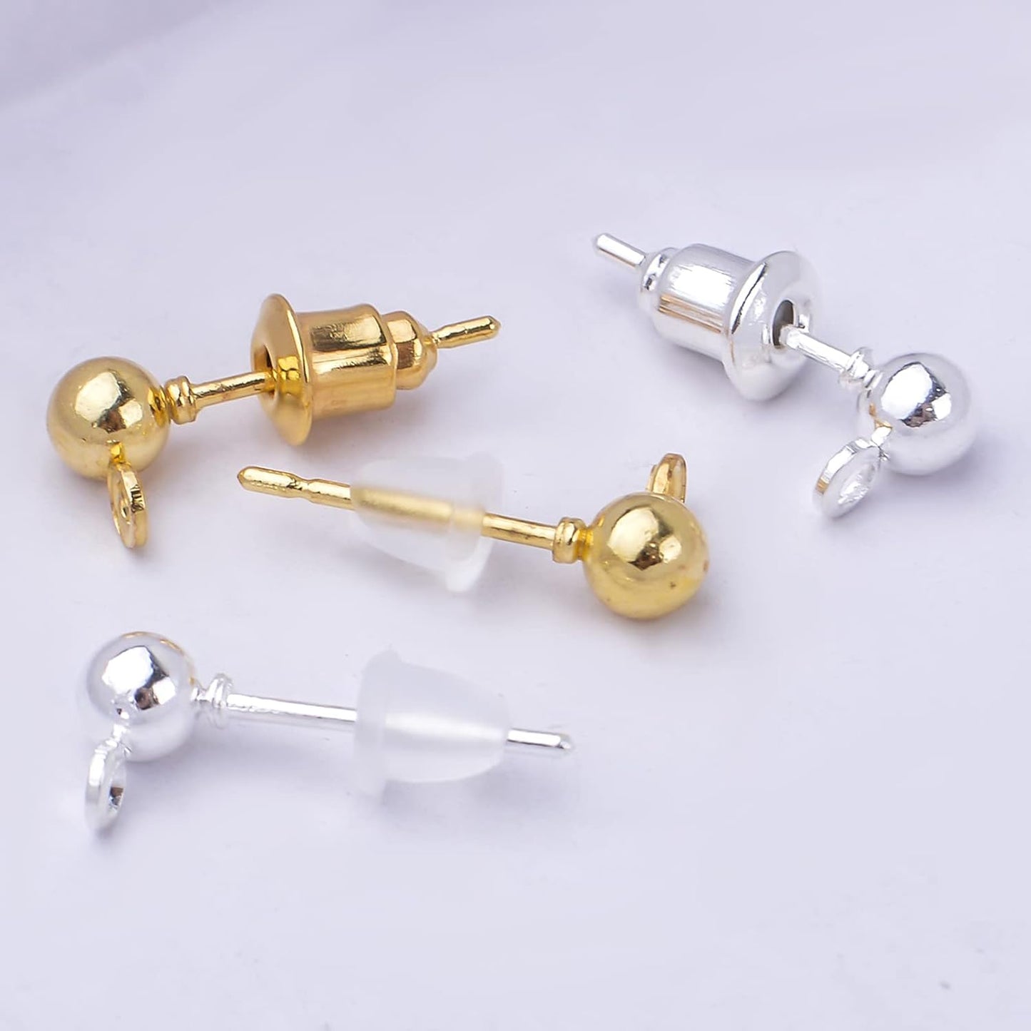 Ball Post Earring Studs, 100pcs Hypoallergenic Earring Studs Ball Ear Pin with Loop Round Ball Spherical Earrings and 300pcs Earring Safety Backs for Jewelry Making, Gold, Silver