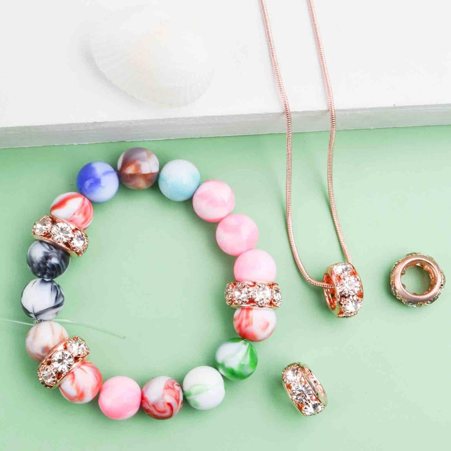 40pcs Rose Golden Crystal Rhinestone Spacer Beads European Large Hole Rondelle Beads for DIY Bracelet Snake Chain Jewelry Making Handmade Decor, Hole: 6.5 mm