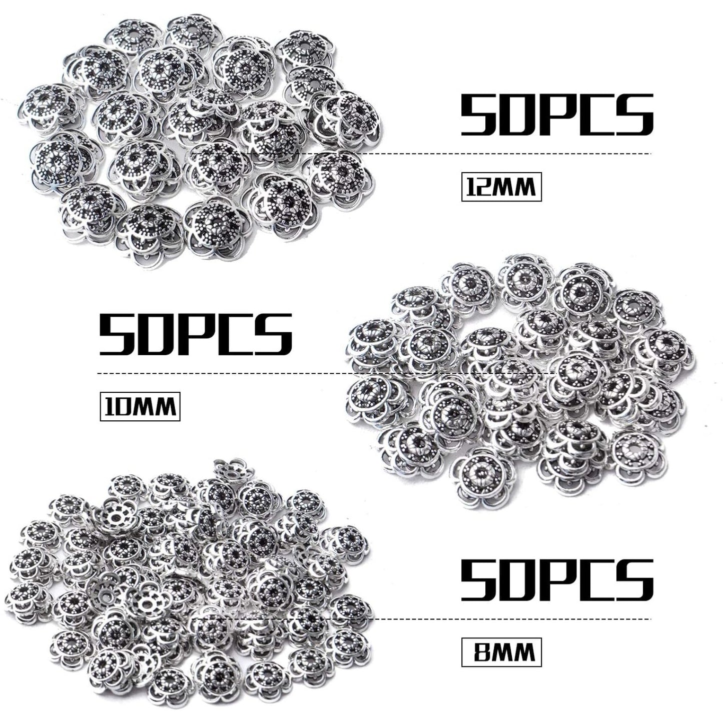 200pcs 12mm/10mm/8mm Antique Silver Flower Bead Caps Alloy Tibetan Spacer Bead Caps Bali Style Jewelry Spacer Caps for Earring Necklace Jewelry Making Supplies