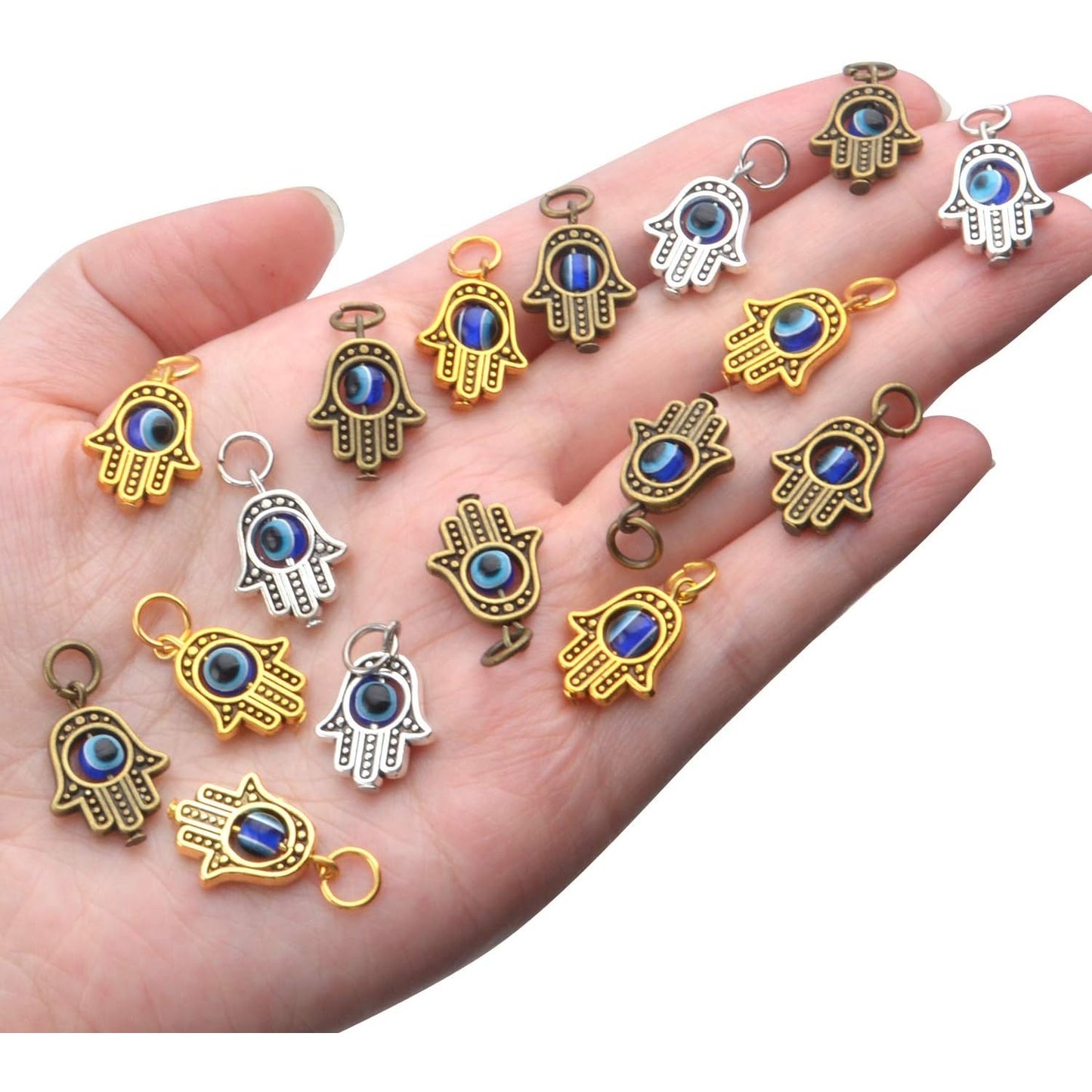 Hamsa Hand Beads Frame Charms,30 Pieces of Hamsa Evil Eye Pendant Hand of Fatima Symbol Charms Jewelry Making Findings for DIY Necklace Bracelet(Gold & Silver & Bronze)