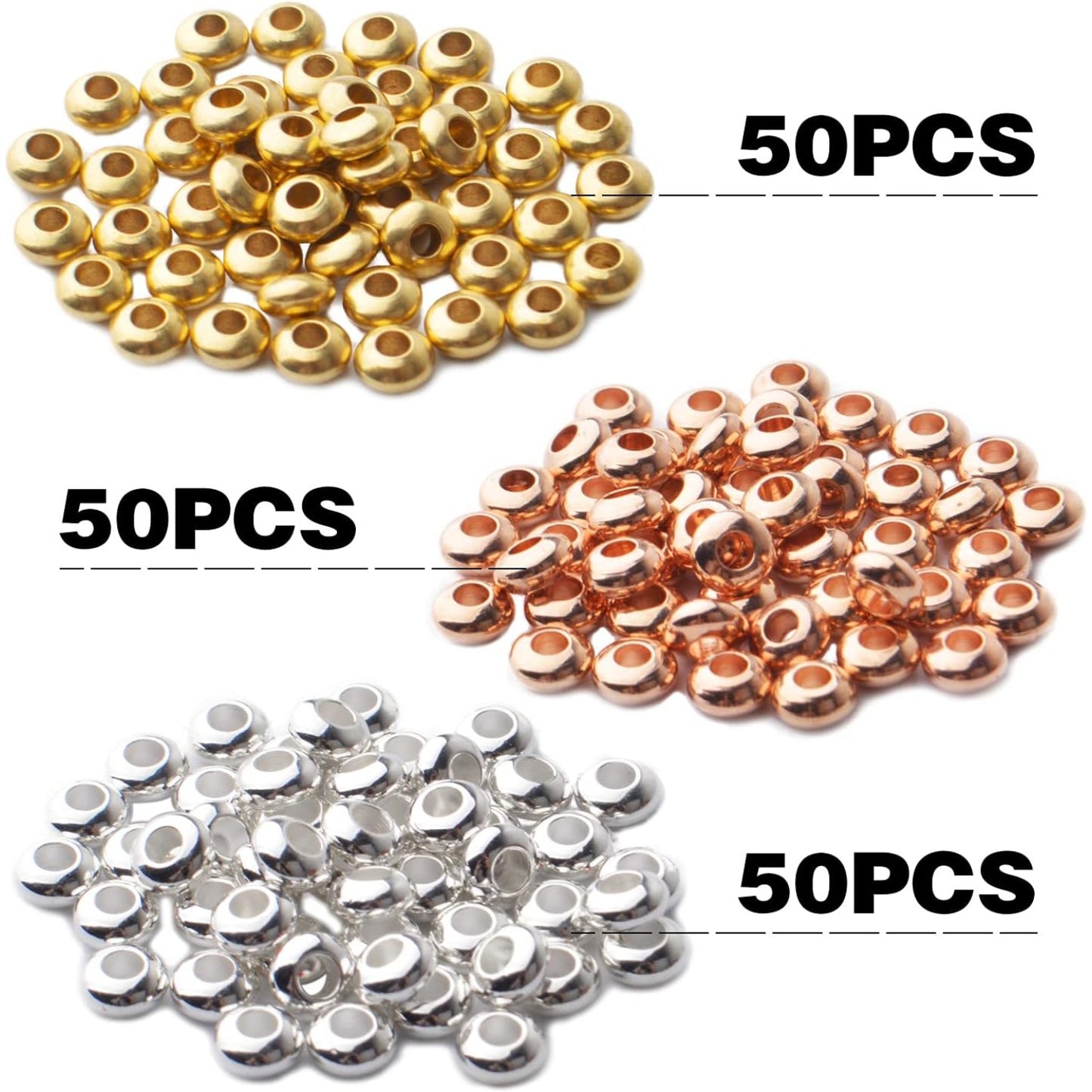 150pcs Round Spacer Beads Brass Rondelle Bead Spacers Abacus Spacers Loose Beads Charm Beads for Bracelet Necklace DIY Craft Jewelry Making Finding,3 Colors
