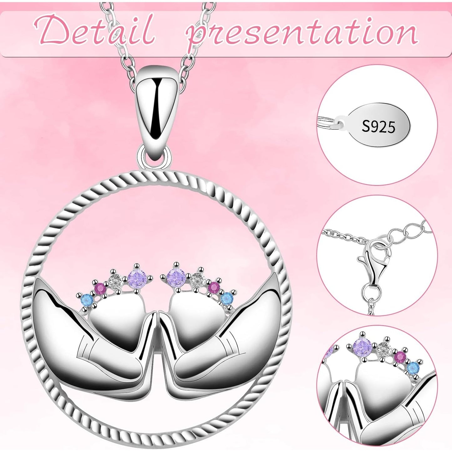 Mother Necklace 925 Sterling Silver Round Feet Mom Hold Feet Pendant Necklace with Colorful Cubic Zirconia Mother's Day Gifts for New Mom Wife