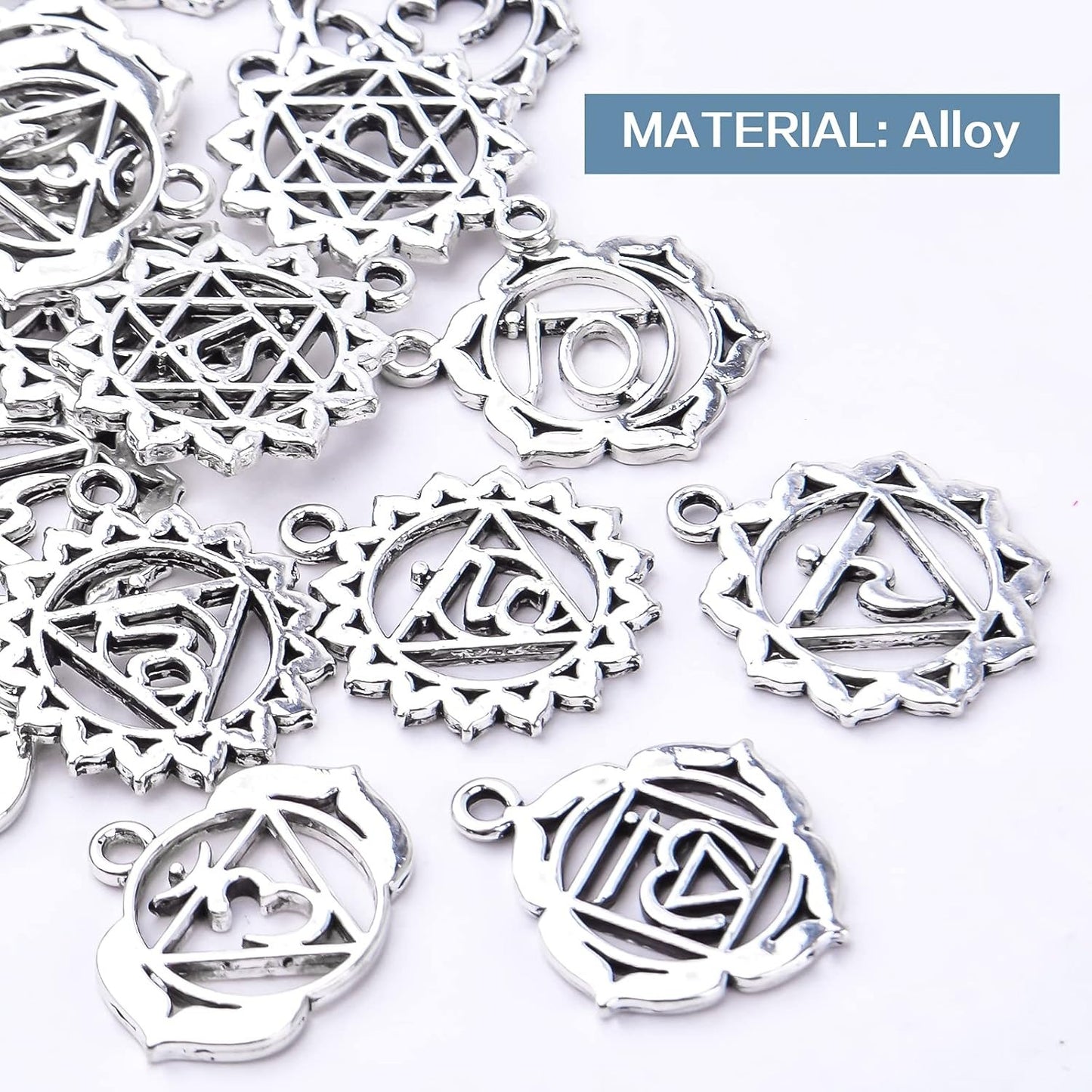 56pcs 7 Styles Chakra Charms Alloy Yoga OM OHM Flower Pendants Charms Jewelry Findings Accessory for DIY Necklace Bracelet Earrings Craft Supplies, Antique Silver