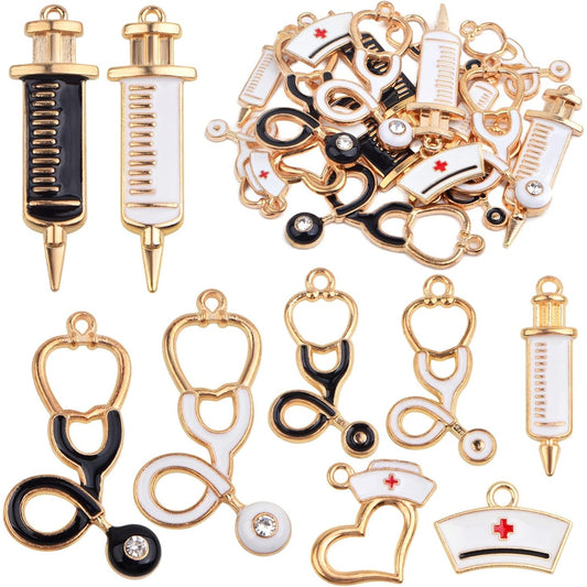 18pcs KC Golden Plated Enamel Medical Nurse Charms Heart Stethoscope Syringe Nurse Cap Hat Pendants Charms for DIY Necklace Bracelet Jewelry Making Crafting, 9 Styles