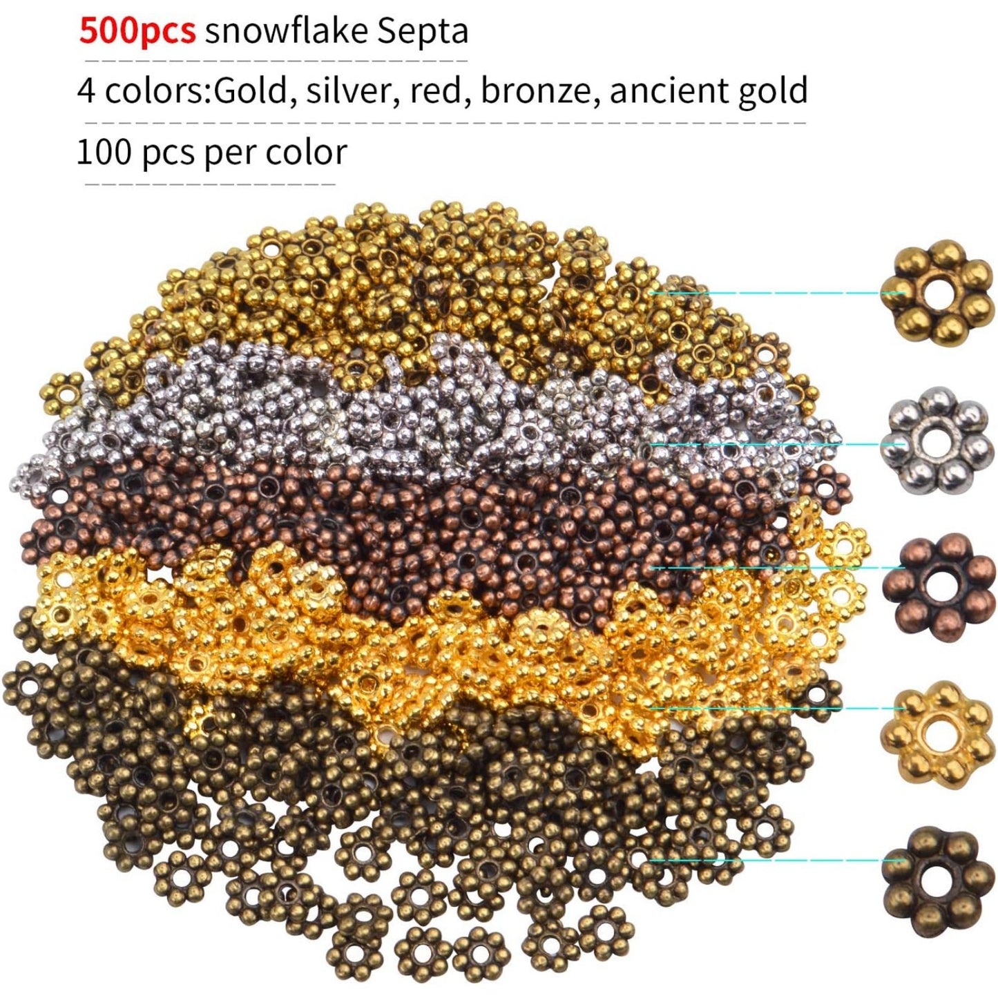 BronaGrand 500pcs Metal Daisy Spacer Beads 5mm for DIY Jewelry Making (5 Colors)