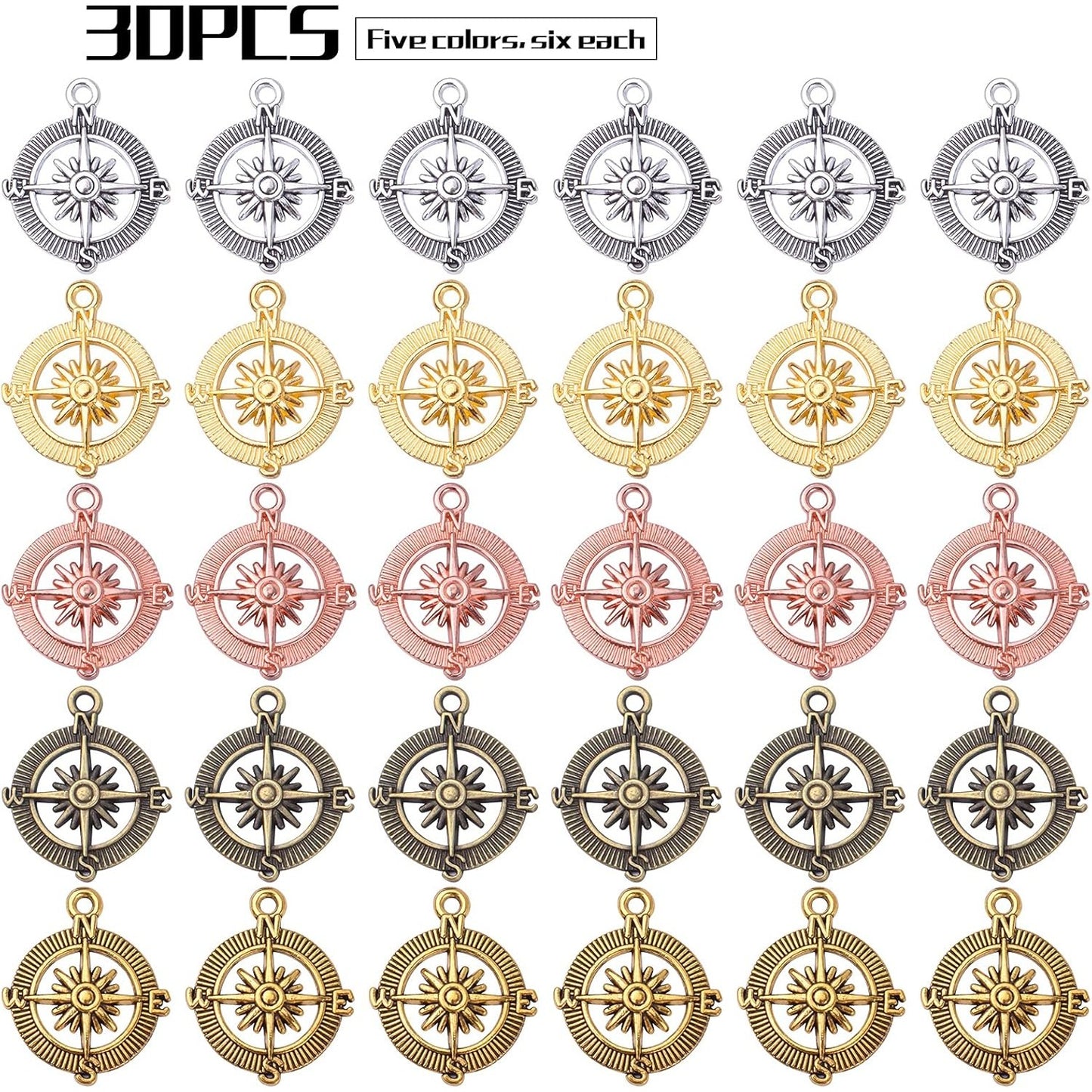 Compass Pendant Charms, 30pcs Alloy Tibetan Style Compass Shape Charms Nautical Beads Pendants Craft Supplies Accessories for Bracelet Necklace Jewelry Making, 5 Colors