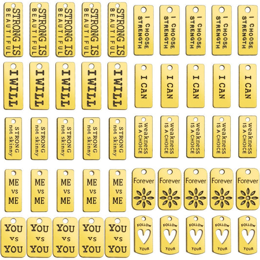 Word Pendants Charms,50pcs Inspiration Words Charms Golden Lettering Pendants Engraved Message Charm Craft Supplies for Jewellery Making DIY Necklace Bracelet Earrings,10 Styles