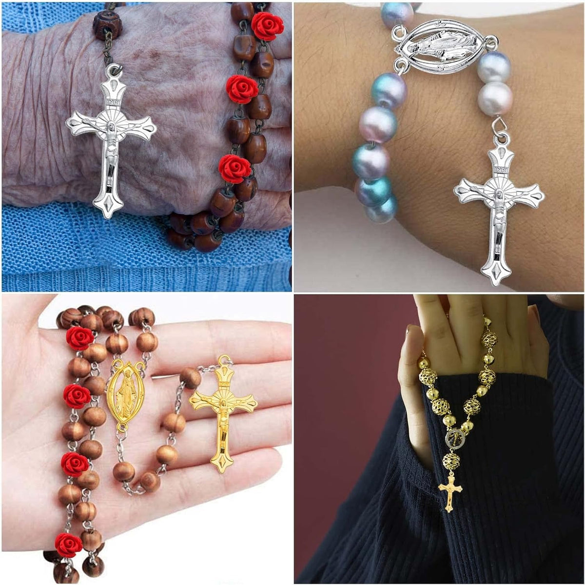 100pcs Rosary Cross and Center Charms 8mm Cinnabar Carved Red Rose Flower Beads Crucifix Cross Centerpiece Jesus Maria Medal Pendant Kit for Rosary Bracelet Necklace Jewelry Making