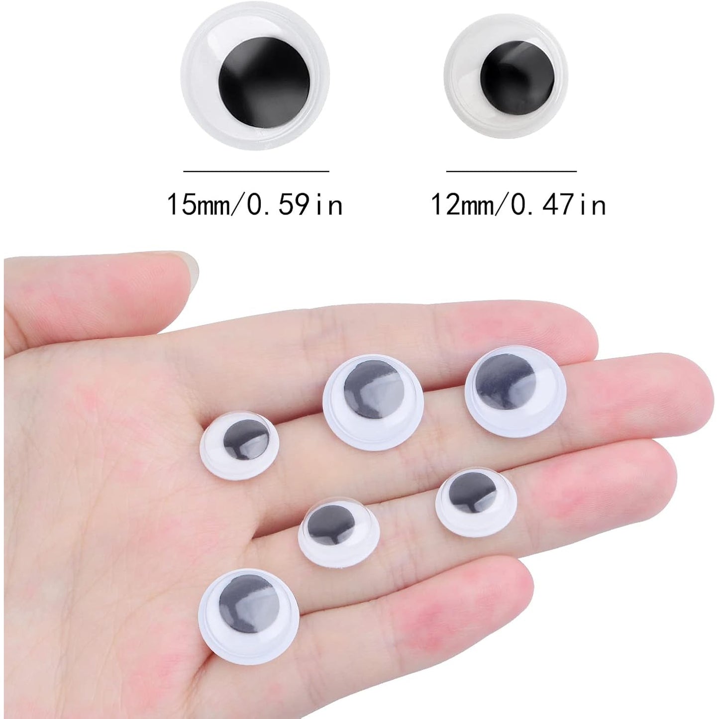 200 Pieces Black Wiggle Eyes Round Plastic Googly Eyes with Self-Adhesive Stickers for DIY Crafts Hand Puppet Weaving Cloth Party Decoration, 12 mm / 15 mm