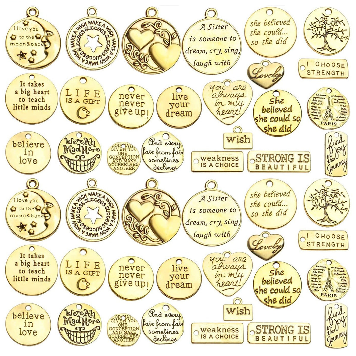 Words Pendant Charms, 46pcs Inspirational Words Charms Alloy Message Bead Pendants Accessory for DIY Necklace Bracelet Jewelry Making Crafting, Antique Golden and Silver