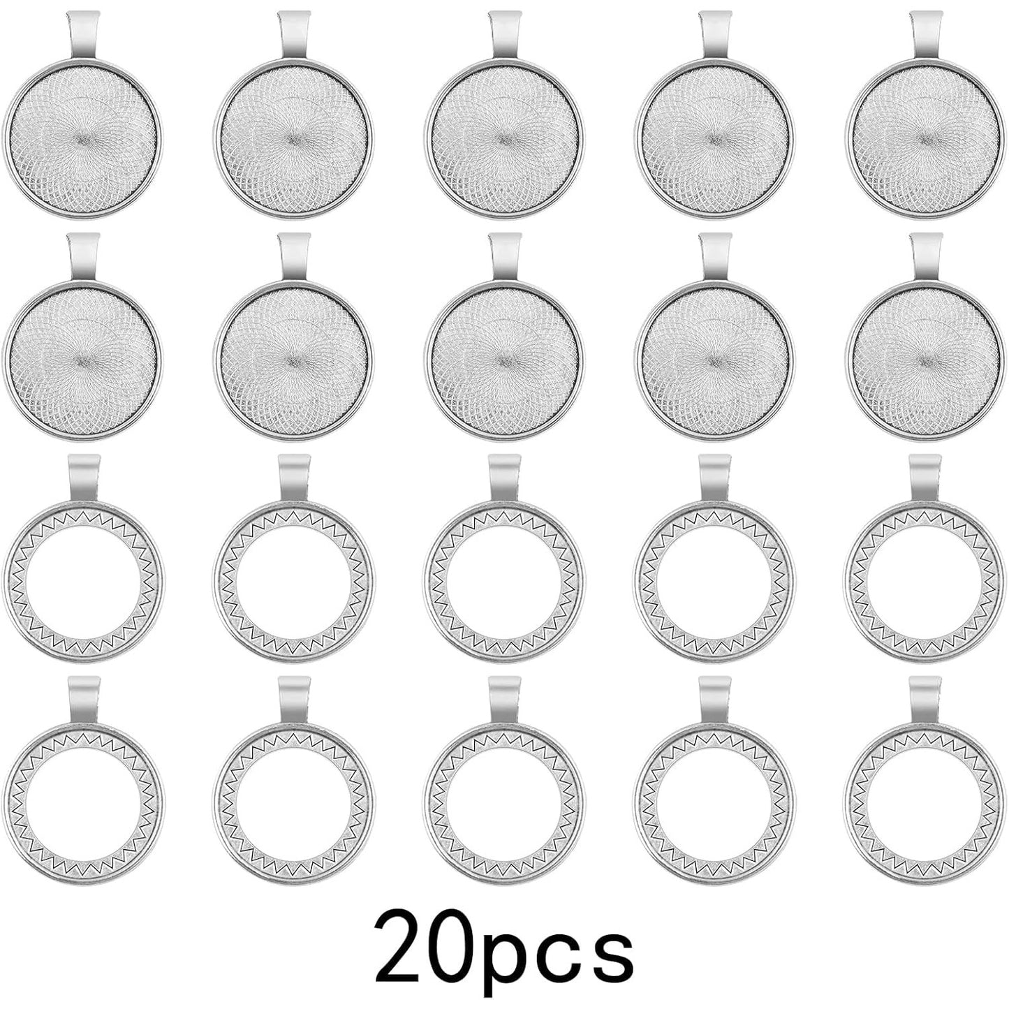 20pcs Antique Silver Round Bezel Pendant Trays Blank Base Cabochon Settings for DIY Photos Necklace Jewelry Making Crafting Supplies, 2 Styles, Inner Diameter: 25 mm