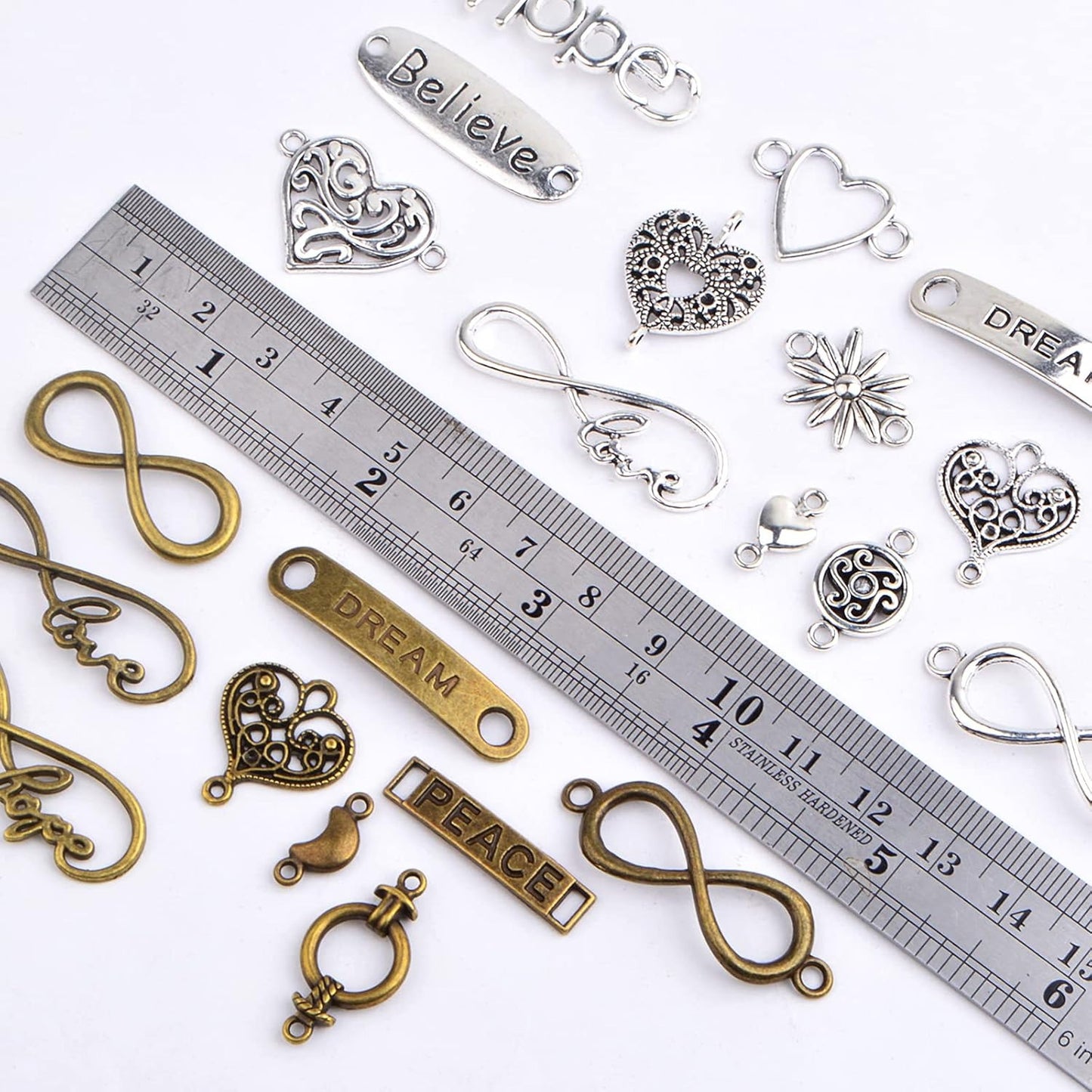50 Pieces Mixed Word Letter Charms Connectors Tibetan Alloy Infinity Symbol Love Heart Pendant Links for DIY Necklace Bracelet Jewelry Making Findings, 2 Colors