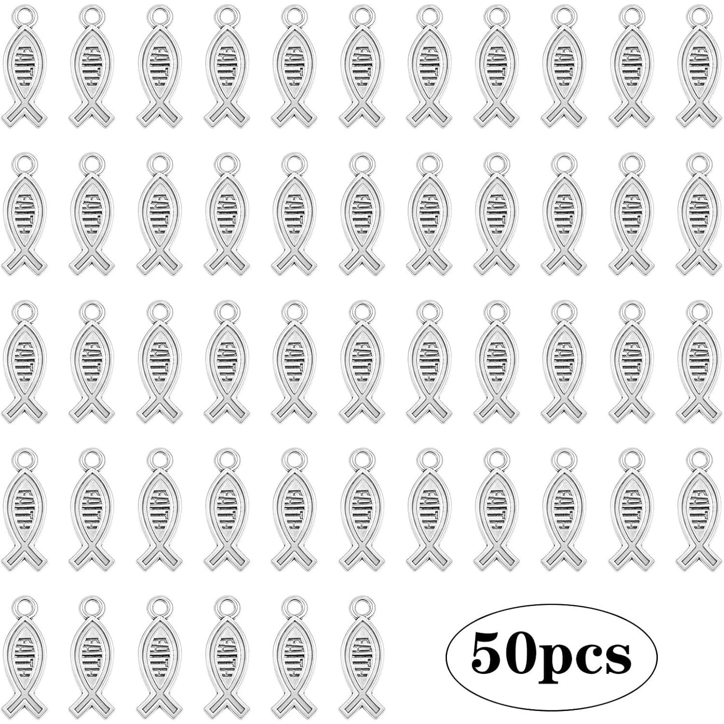 50pcs Antique Silver Faith Jesus Fish Charms Vintage Alloy Christian Fish Shape Pendant Charms Craft Supplies for DIY Bracelet Necklace Keychains Jewelry Making