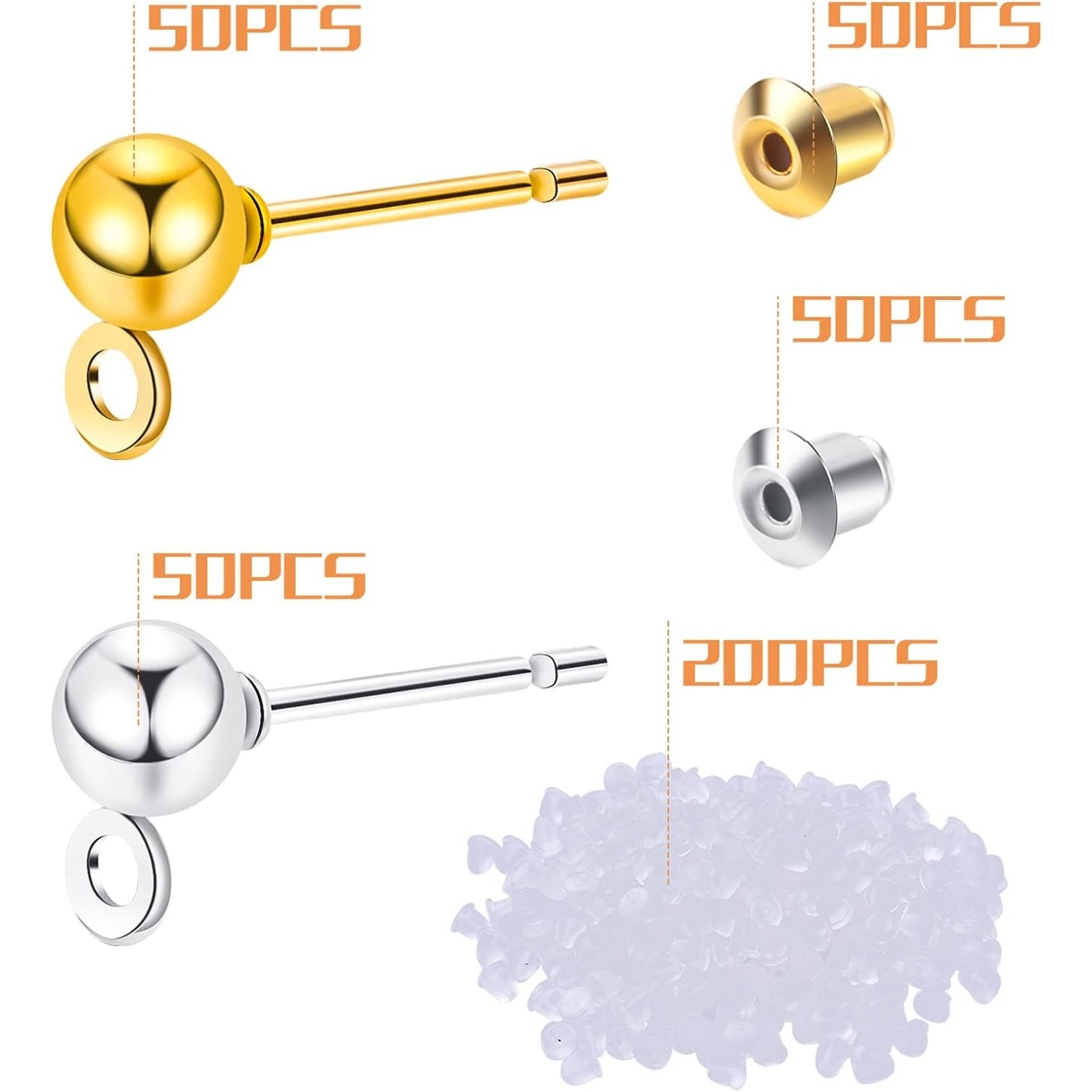 Ball Post Earring Studs, 100pcs Hypoallergenic Earring Studs Ball Ear Pin with Loop Round Ball Spherical Earrings and 300pcs Earring Safety Backs for Jewelry Making, Gold, Silver