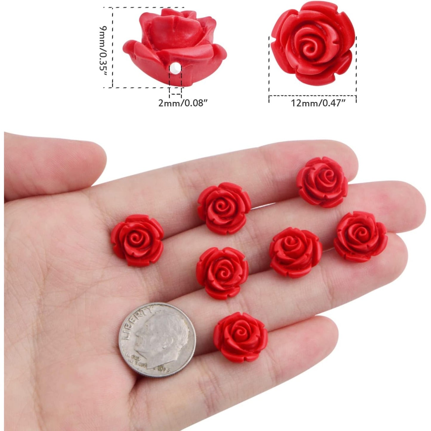 50pcs Cinnabar Carved Rose Beads Rose Flower Loose Beads for DIY Earrings Necklace Bracelet Jewelry Making Supplies Wedding Party Anniversary Favor Gifts, 10 mm x 8 mm, Hole: 1.5 mm