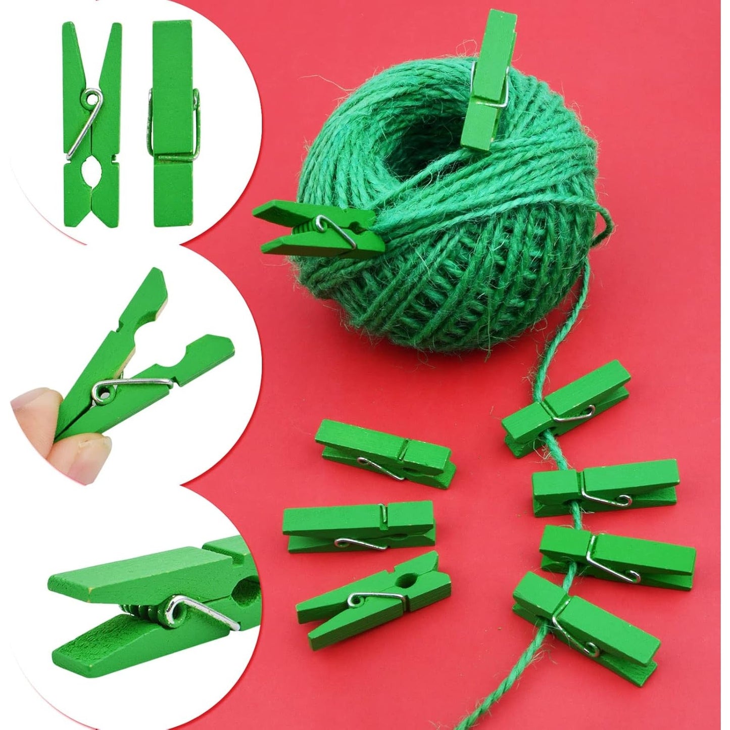 50pcs Small Wooden Clips Tiny Picture Photo Pegs Clothespins Decorative Craft Wood Clips with 50 M Jute Twine for Photo Display Picture Hanging Home Art Crafts Decor, Green
