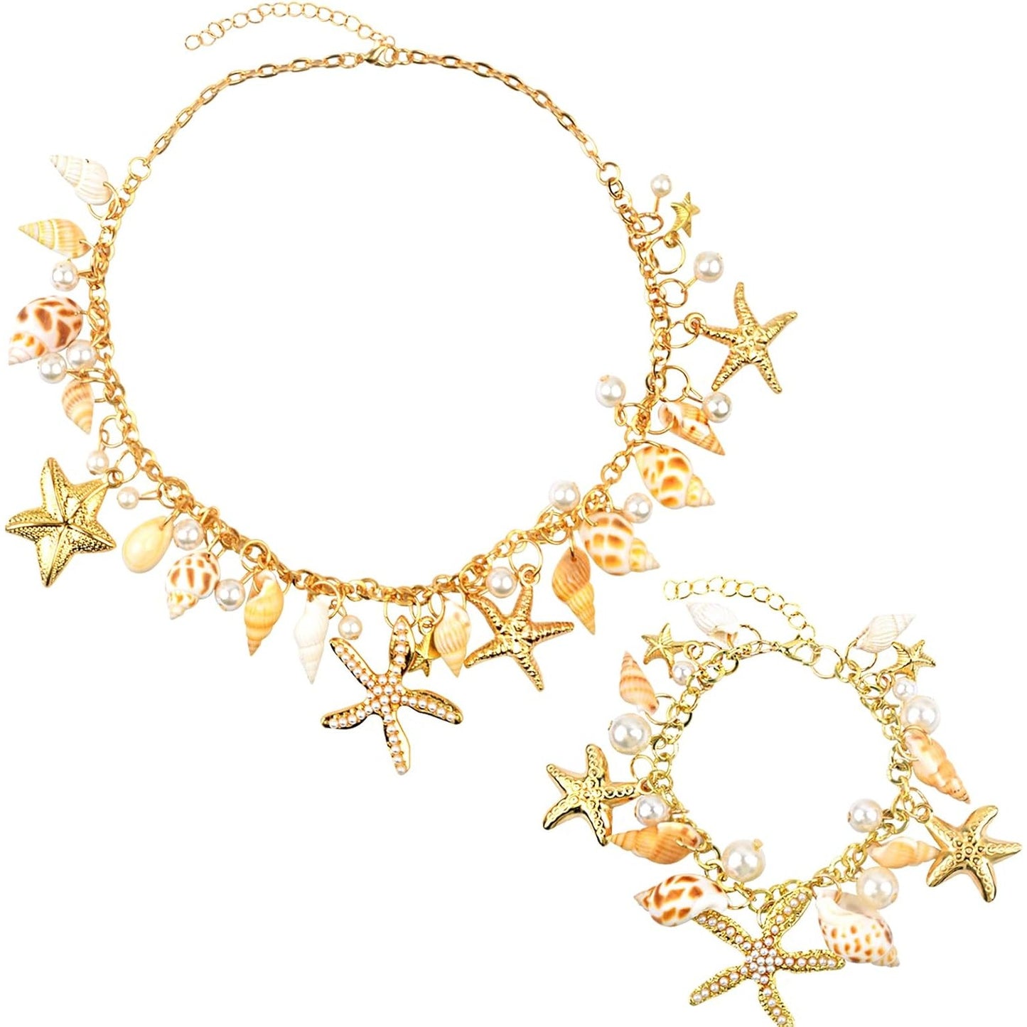 Shell Starfish Necklace Bracelet Faux Pearls Conch Statement Adjustable Chunky Necklace Mermaid Tail Bracelet Jewelry Set Costume Accessories for Women Beach-themed Party Cosplay