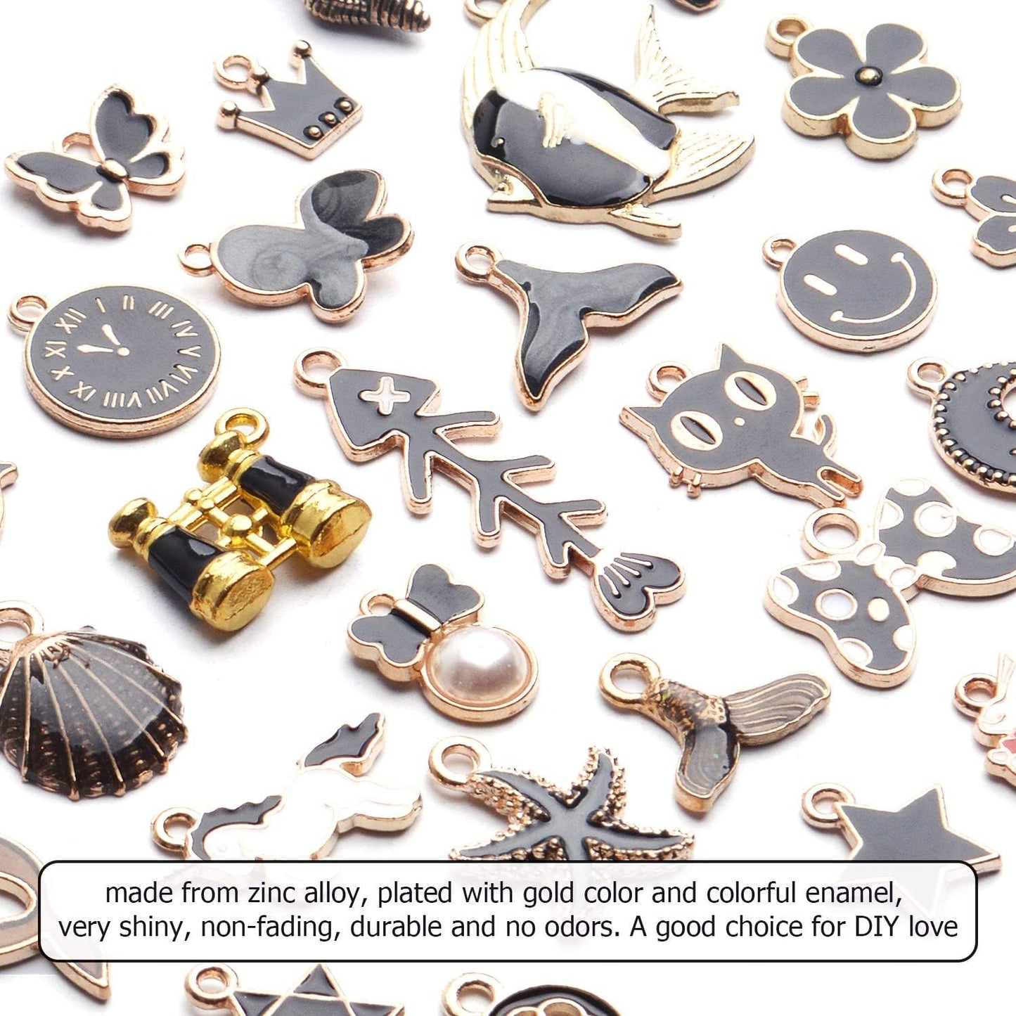 Black Enamel Charms,31pcs Gold Plated Enamel Charms Mixed Flower Star Cat Fish Pendants Jewelry Making Accessories for Necklace Bracelet Earrings