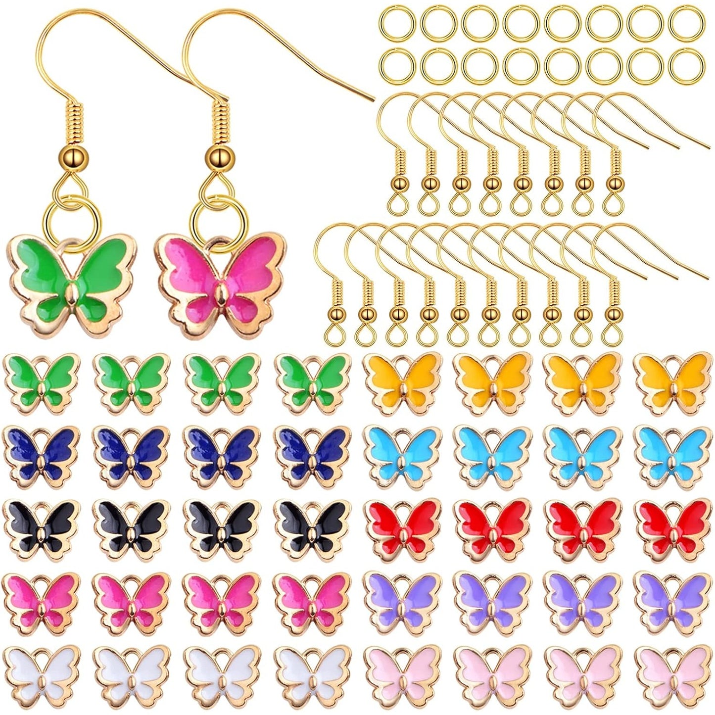 40pcs 10 Colors Enamel Butterfly Charm Pendants and 40pcs Golden Plated Earring Hooks with 80pcs Open Jump Rings, A Plastic Box for DIY Jewelry Making Handmade Supplies