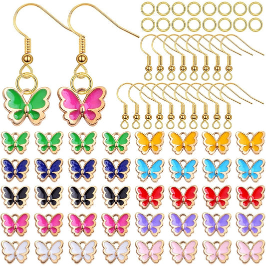 40pcs 10 Colors Enamel Butterfly Charm Pendants and 40pcs Golden Plated Earring Hooks with 80pcs Open Jump Rings, A Plastic Box for DIY Jewelry Making Handmade Supplies