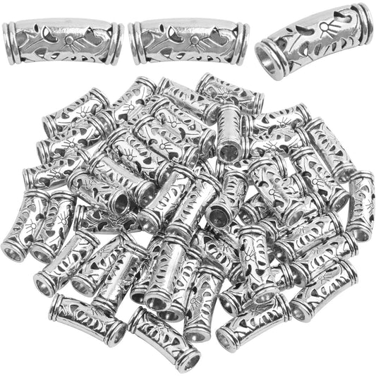 50pcs Antique Silver Hollow Curved Tube Spacer Beads Tibetan Alloy Large Hole Long Tube Loose Beads Slide for European Charms Leather Cord Jewelry Making, Hole: 5 mm